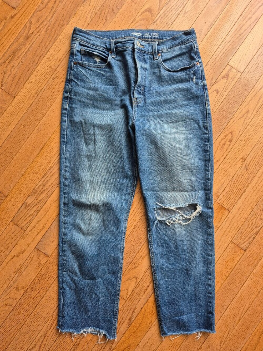Old Navy Extra High-Waisted Sky-Hi Straight Button-Fly Ripped Jeans 12